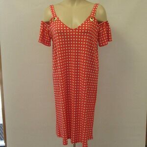 MICHAEL KORS Sangria Double V Neck Cold Shoulder Dress Womens M Orange White NWT